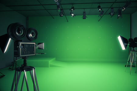 Modern green photo studio with old style movie cameras and professional lighting equipment. 3D Renderingの写真素材