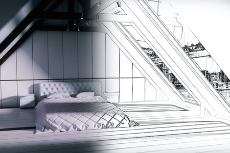 Unfinished loft bedroom blueprint with furniture. 3D Renderingの写真素材