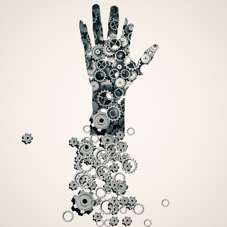 Abstract silver cogwheel hand on light backgroundの写真素材