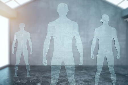 Three glass male silhouettes in modern interior. 3D Renderingの写真素材