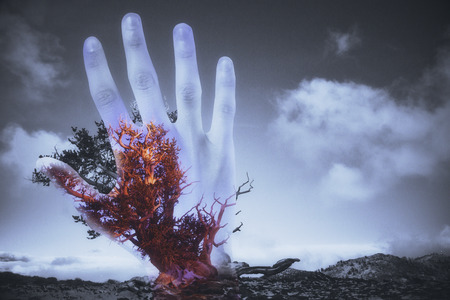 Abstract hand silhouette and red tree on sky background. Horror concept. Double exposureの写真素材