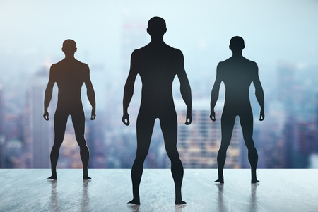 Three dark men silhouettes on city background. 3D Renderingの写真素材