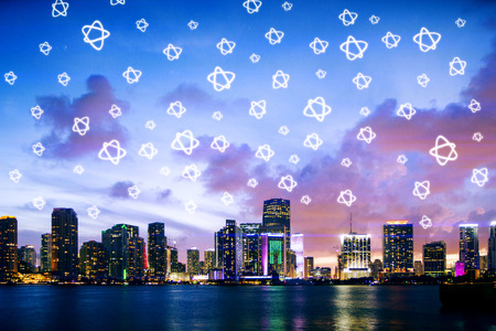 Contemporary night city with creative star icons all over skyの写真素材