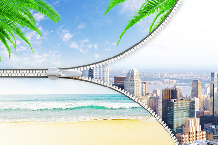 Abstract image of beach and city with zip. Holidays concept. 3D Rendering