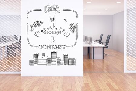 Modern office interior with creative business idea sketch on wall. 3D Renderingの写真素材
