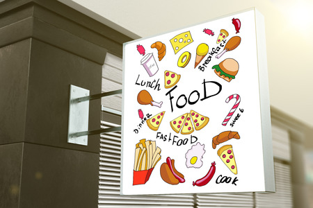 Square stopper with food sketches. Fast food concept. 3D Renderingの写真素材