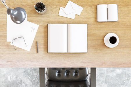 Top view of wooden desktop with empty open notepad, coffee cup, envelopes and other items. Mock up, 3D Rendringの写真素材