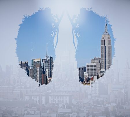 Abstract human lungs on bright city background. Double exposureの写真素材