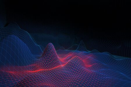 Abstract red and blue grid waves on dark background. 3D Rendering