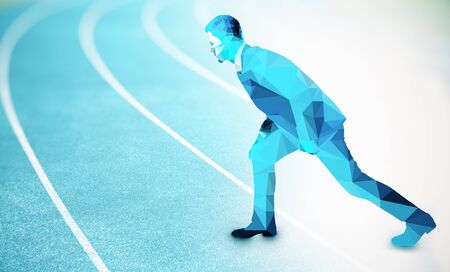 Side view of abstract polygonal businessman getting ready to run on blue running track. Competition conceptの写真素材