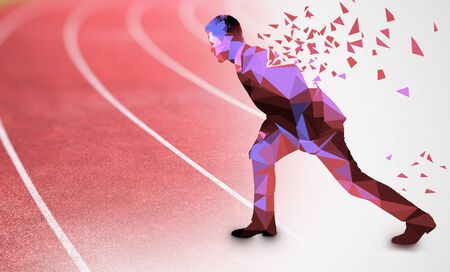 Side view of abstract polygonal businessman with pattern getting ready to run on red running track....