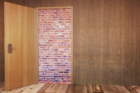 Wooden wall with open door to brick wall. 3D Renderingの写真素材