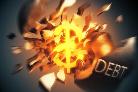 Debt concept. Exploding wrecking ball with golden dollar sign inside on dark background. 3D Renderingの写真素材