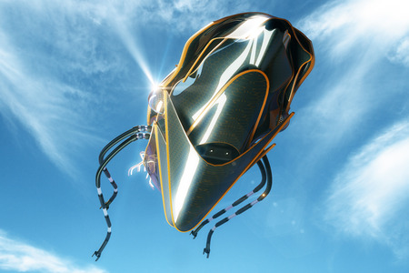 Unknown flying object on bright blue sky background. 3D Rendering