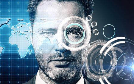 Portrait of male with abstract digital pattern on eye. Security scanning concept