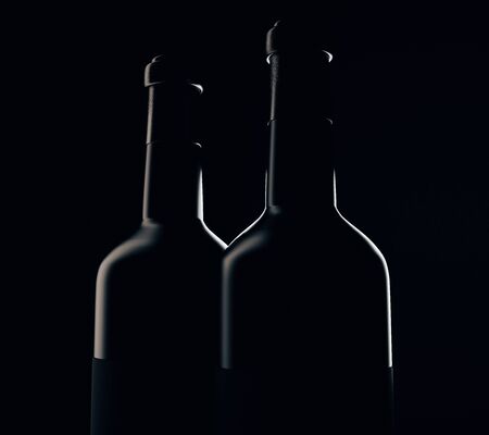 Wine bottle silhouettes on black background. 3D Renderingの写真素材