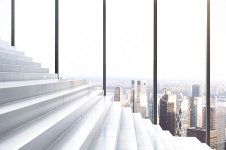 Concrete stairs in interior with city view. Success concept. 3D Rendering