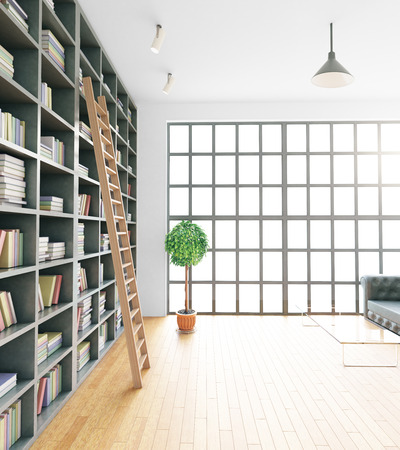 Modern library interior with equipment and no view. Side view, 3D Renderingの写真素材