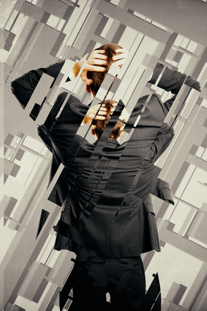 Back view of stressed businessman on abstract background. Stress and failure conceptの写真素材
