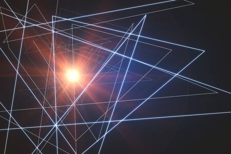 Abstract illuminated triangular pattern on bright red background. Technology concept. Creative wallpaper/backdropの写真素材