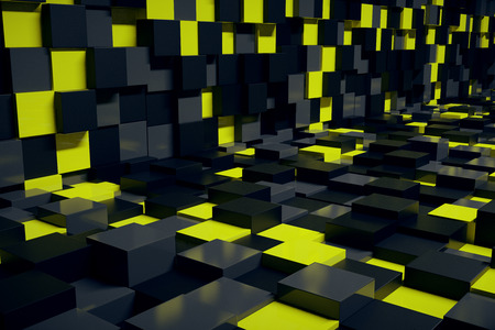 Abstract yellow and black cube room interior. 3D Rendering