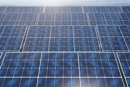 Close up of blue solar panels on sky background. Environment concept. 3D Rendering