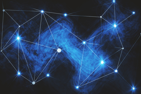 Connected dots and abstract smoke on bright blue background. Technology conceptの写真素材