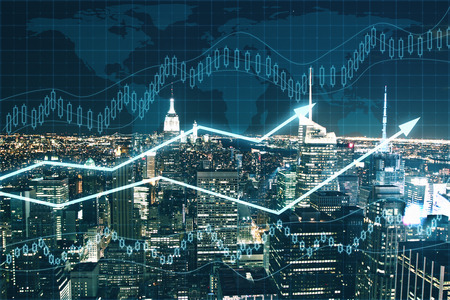 Forex chart on night city background. Financial growth conceptの写真素材