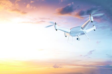 Hovering drone with camera in clear sky. Surveillance concept. 3D Rendering