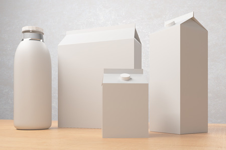 Several white carton and plastic drink and food packagings on light background. Advertisement concept. Mock up, 3D Renderingの写真素材