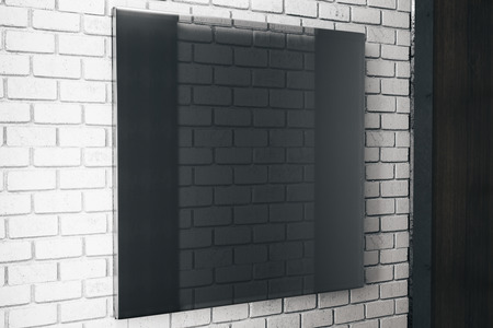 Side view of square black glass plate on brick wall background. Ad concept. Mock up, 3D Rendering