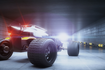 Back view of sports car with red lights in concrete tunnel. 3D Rendering