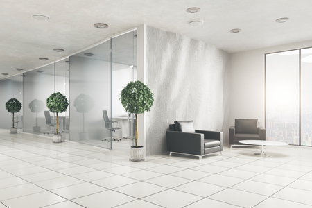 Modern office interior with decorative plants and city view. Business concept. 3D Renderingの写真素材