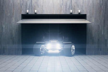 Front view of open garage with car. 3D Renderingの写真素材