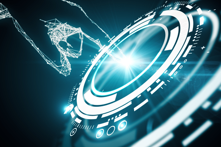 Abstract polygonal hand touching round digital button. Robotics concept. 3D Renderingの写真素材