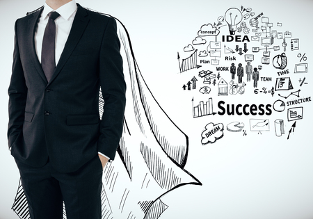 Businessman with drawn cape and business sketch on white background. Power conceptの写真素材