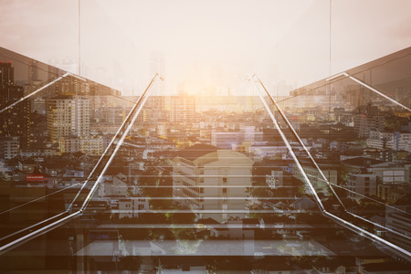 Front view of staircase on abstract bright city background. Growth concept. Double exposureの写真素材