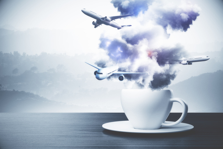 Close up of abstract coffee cup with clouds and airplanes. Travel concept. Landscape background. 3D Renderingの写真素材