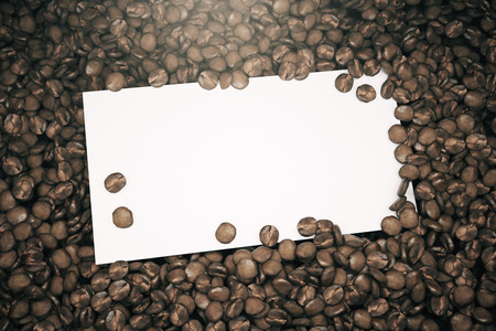 Blank white poster placed on brown coffee beans. Advertisement concept. Mock up, 3D Renderingの写真素材