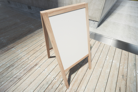 Side view of blank white menuboard on wooden floor background. Cafe advertisement. Mock up, 3D Renderingの写真素材
