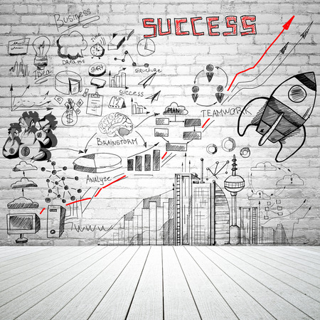 Brick interior with business sketch on wall. Success concept. 3D Renderingの写真素材