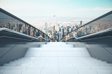 Concrete stairs with railing on city background. Success concept. 3D Renderingの写真素材
