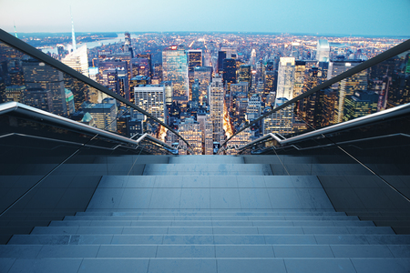 Concrete stairs with railing on night city background. Growth concept. 3D Renderingの写真素材