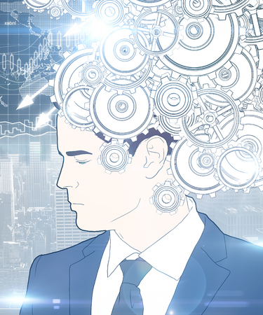 Drawn businessman with cogwheels on city background with forex charts. Business process conceptの写真素材