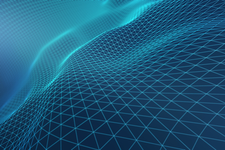 Abstract light blue grid waves. Tech concept. 3D Renderingの写真素材