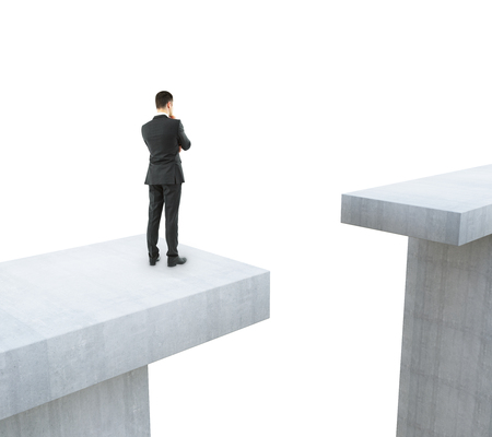 Businessman thinking how to overcome gap on white background. Trouble concept. 3D Renderingの写真素材