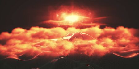 Red cloudy polygonal mountain top on dark background. Creativity concept. 3D Rendering