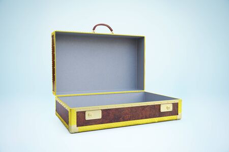 Side view of empty open suitcase on blue background. Mock up, 3D Renderingの写真素材