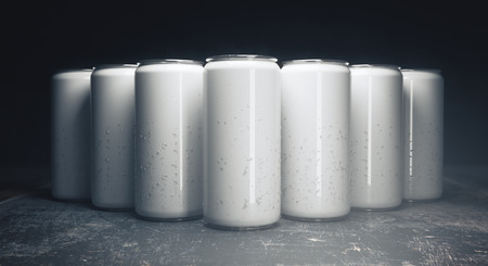Row of empty beer cans on concrete background. Front view. Ad concept. Mock up, 3D Rendering