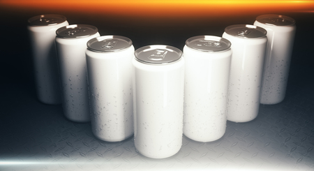 Close up of blank aluminium soda cans on grey background, illuminated from above. Packaging concept. Mock up, 3D Renderingの写真素材